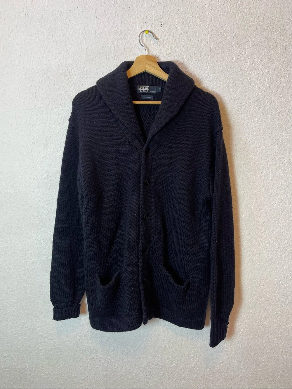 Vintage Polo Ralph Lauren Navy Blue 100% Wool shawcollar Chunky cardigan size M